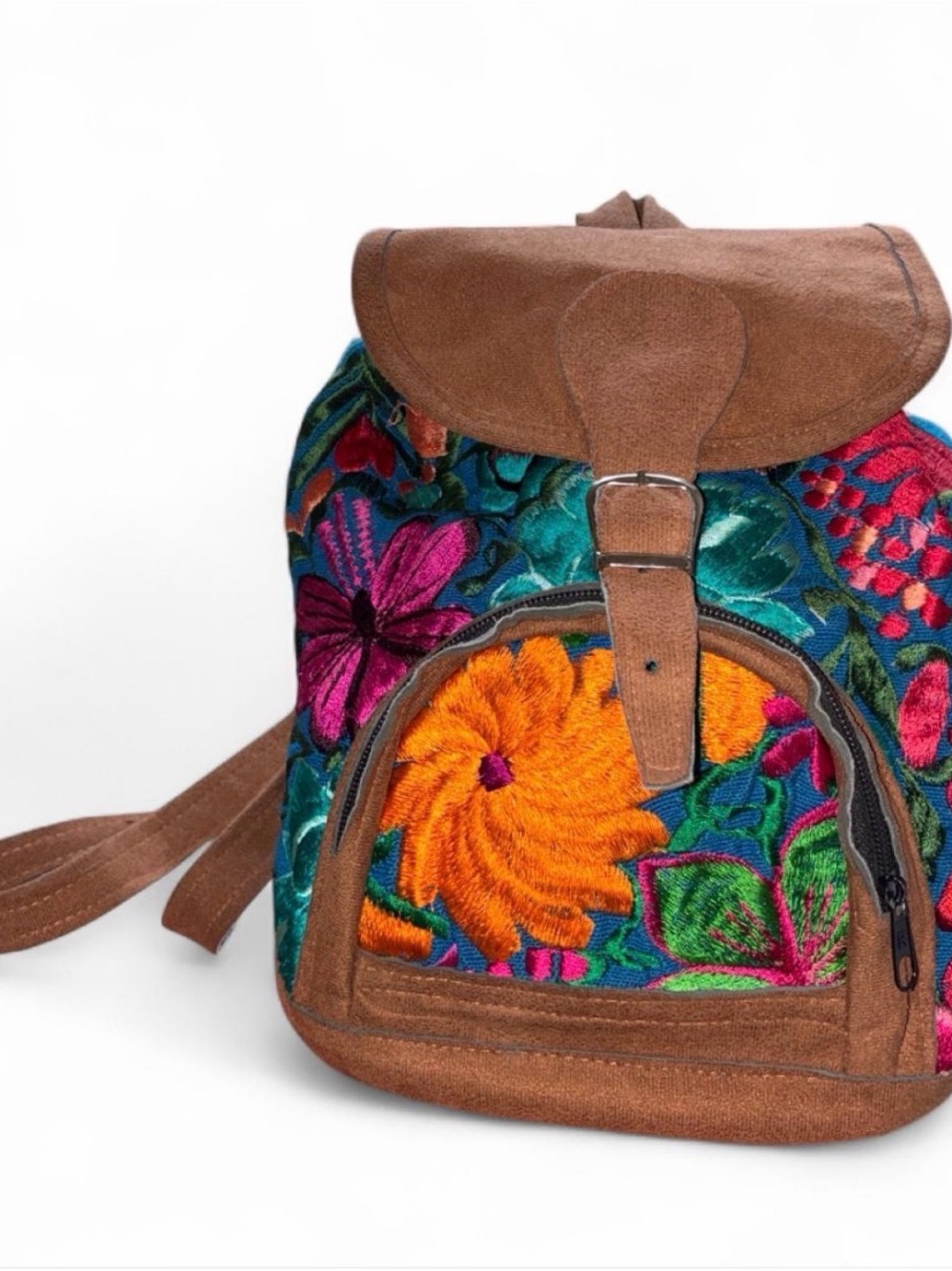 Embroidered BOHO Floral Suede-Trim Backpack - Brown & Multicolor